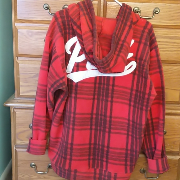 RARE PINK Victoria's Secret Faux Polar Fleece Red & Black Plaid Half-Zip Hoodie - Picture 2 of 8